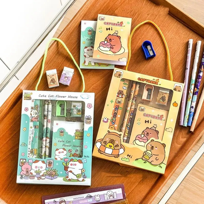 6Pcs/Set Cute Cartoon Capybara Pencil Stationery Set Kawaii Eraser Pencil Sharpener Children Student Stationery Supplies