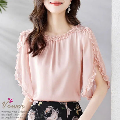 The Season Women's Fashionable Loose Short Sleeve Chiffon Shirt Slimming Cover Belly Versatile Top TT1479