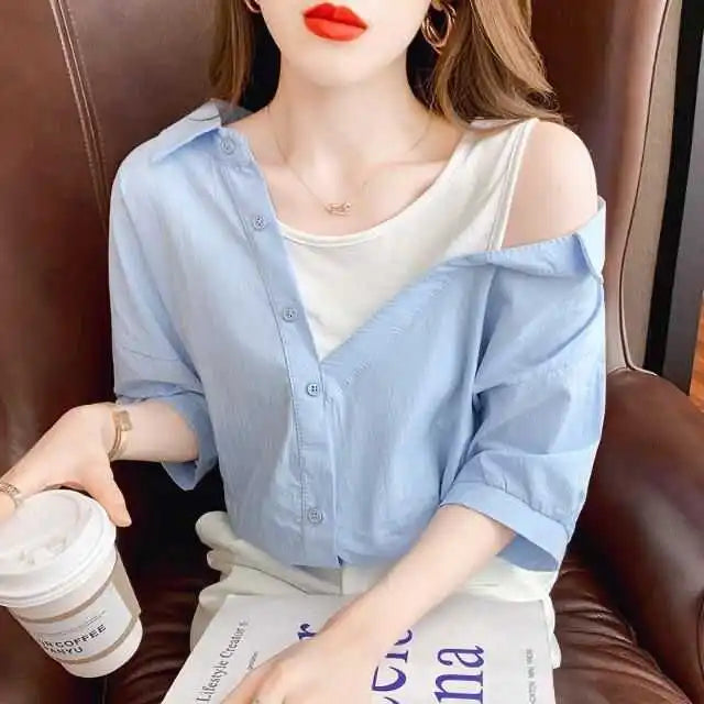 Sexy oulder Bared Fake Two-Piece irt Women's Summer New Faion Small Design ort Sve Top Korean Sle Loose Fit