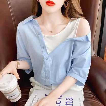 Sexy oulder Bared Fake Two-Piece irt Women's Summer New Faion Small Design ort Sve Top Korean Sle Loose Fit