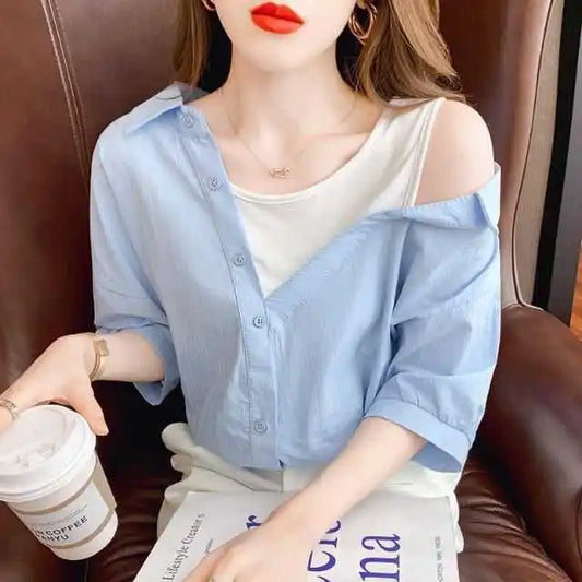 Sexy oulder Bared Fake Two-Piece irt Women's Summer New Faion Small Design ort Sve Top Korean Sle Loose Fit