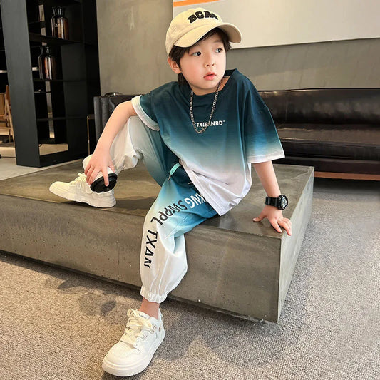 Summer teenager Boys Sports Suit Letter T Shirt + hip hop shorts Pants Kids Clothes Tracksuit 4 5 6 7 8 9 10 11 12 Years