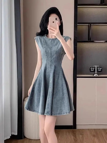Summer New Retro Blue Denim Dr Slimming High Waist round Ne Svel A-Line Skirt Korean Sle Women's Faion Dr