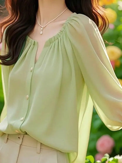 Chic Summer irt Women's Sle Korean Five-Quarter Sve Age-Defng Beautiful Faionable Good-Looking Chiffon Top