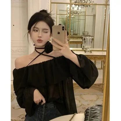Ele Pure Color One-oulder ort Flared Sve Chiffon Top Women's Korean Sle Spring New Faion Loose Fit Top