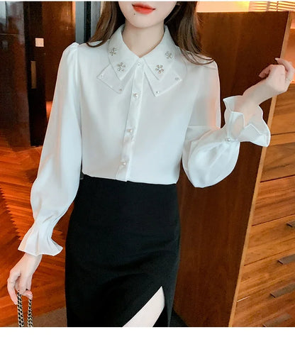 Elegant Long Sleeve Chiffon Shirts Women Autumn Winter Fashion White Blusa Feminina Korean Style Office Ladies Tops Blouses