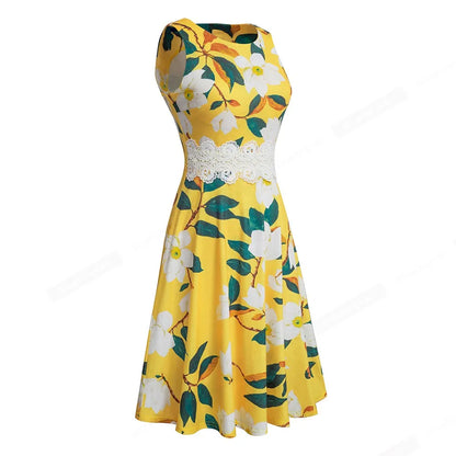 Women Vintage Casual Round Neck A line Summer Elegant Floral Lace Patchwork Sleeveless Tunic Party Swing Dress HA079
