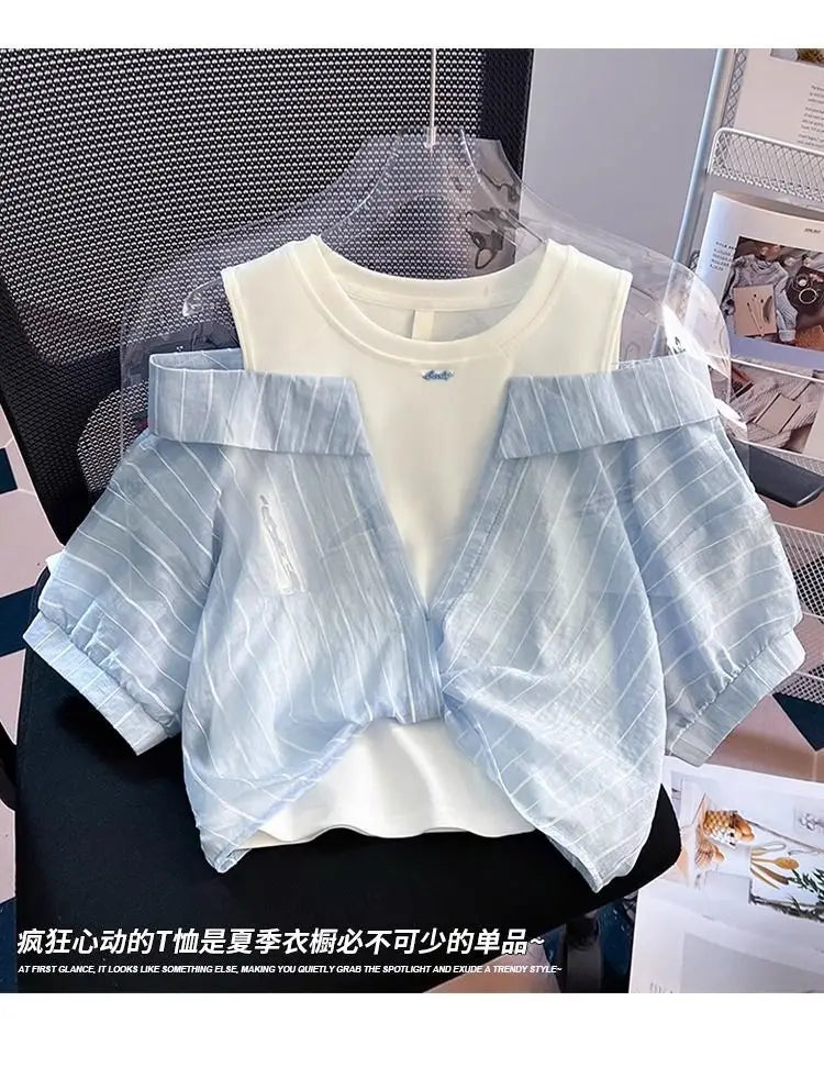 Girls' Western style loose fitting shirt new children's off shoulder top T-shirt fake two-piece top