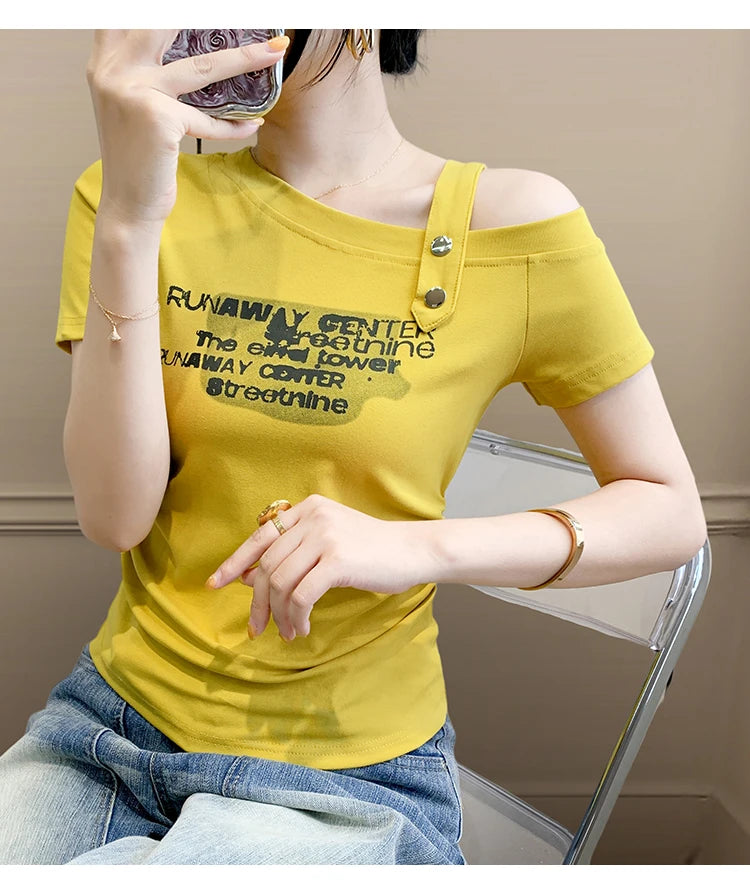 Sexy oulder Bared T irt Women's ort Sve Asymmetrical Collar Faionable Slimming Top Korean Sle Cotton Blend Summe...