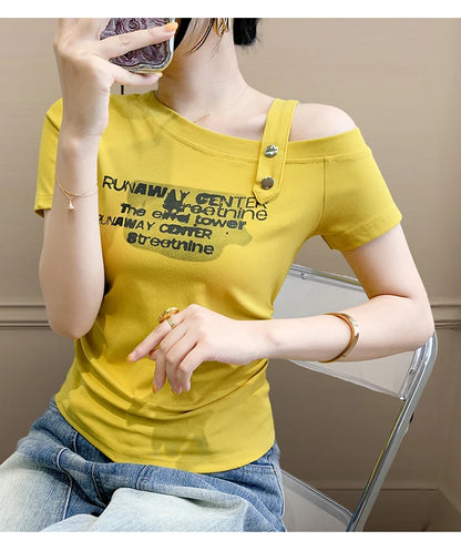 Sexy oulder Bared T irt Women's ort Sve Asymmetrical Collar Faionable Slimming Top Korean Sle Cotton Blend Summe...