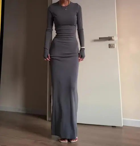 Womens Dresses 2025 Spring Autumn New Fashion Sexy Skinny Hip Hugging Comfortable Solid Color Casual Round Neck Long Dress