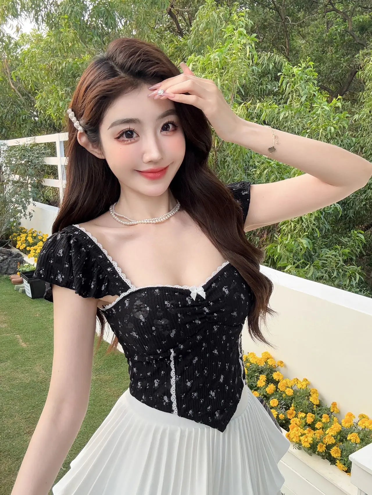 Summer New Pure Desire Sweet Floral Print off oulder Crop Top Slimming  with Chest Pad Versatile Women's Vest