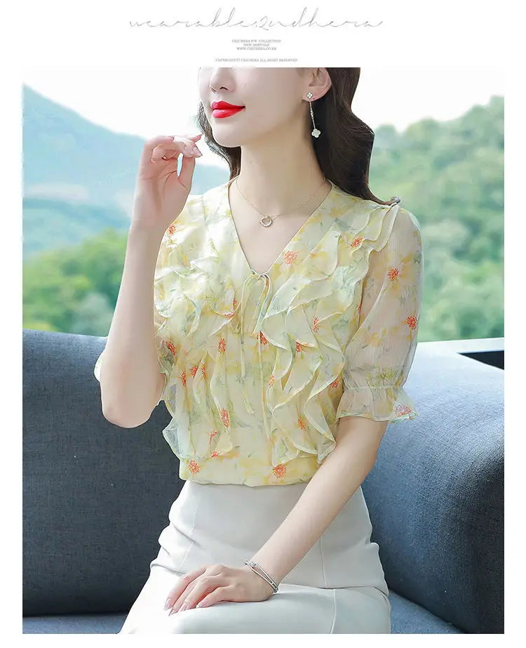 Fashion Printed Spliced Lace Up Bow Ruffles Floral Blouse Women's Clothing Summer New Casual Pullovers Loose Sweet Shirt