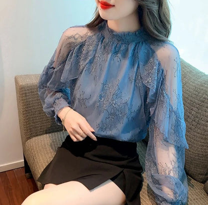Chiffon Women's Shirt and Blouse Lace Flowers Luxury Designer Youthful Woman Clothes Vintage Clothing Female Tops Trend 2025 New