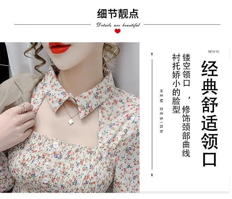 2025 Floral Chiffon Shirt New Spring Summer Women Collect Waist Hollow Out Tops Vintage Blouse Women Longsleeve Short Shirt 3XL