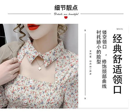 2025 Floral Chiffon Shirt New Spring Summer Women Collect Waist Hollow Out Tops Vintage Blouse Women Longsleeve Short Shirt 3XL