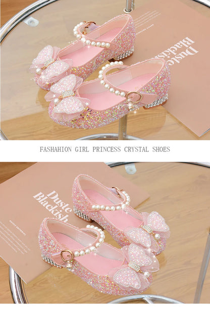 Glitter Girls' Dress Shoe with Wedding Ceremony Party White Sequin Shoes Heeled Children Bow High Heels Girls Shoes Princess New