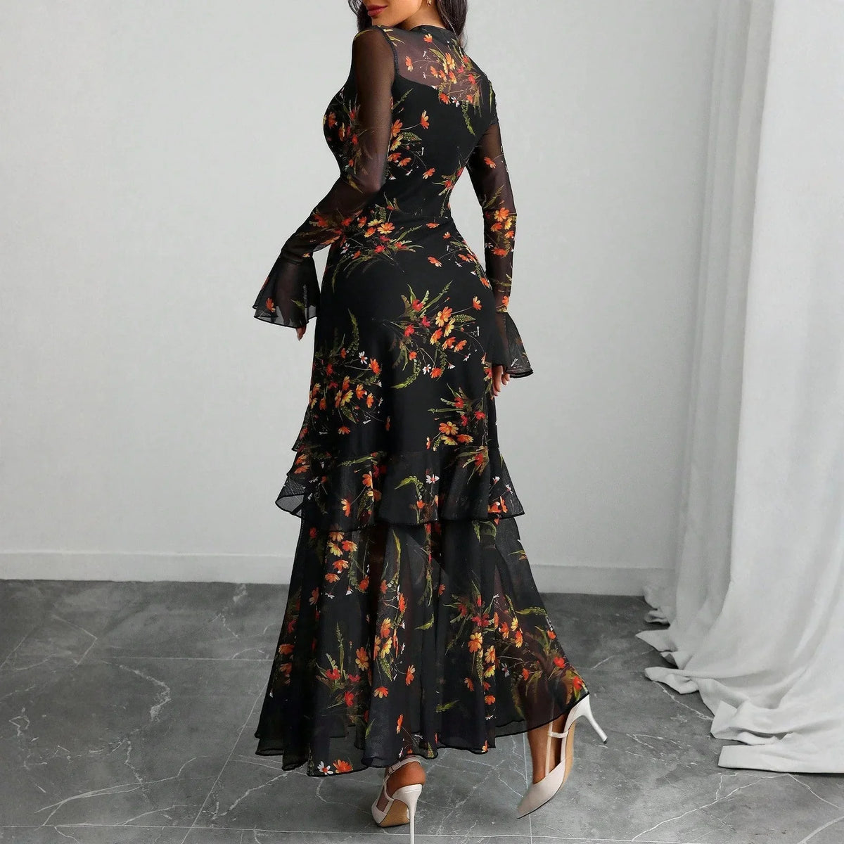 Women's Evening Gown Clothing Vintage Floral Print Maxi Dresses Spring Autumn Long Sheer Sleeve Ruffled Hem Elegant Party Dress (Available)