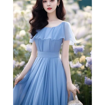 Seaside Vacation Gentle Wind Blue Long Dress Women Dress Summer Autumn Beautiful  Chiffon Dress Waist Cinching Fairy Dresse
