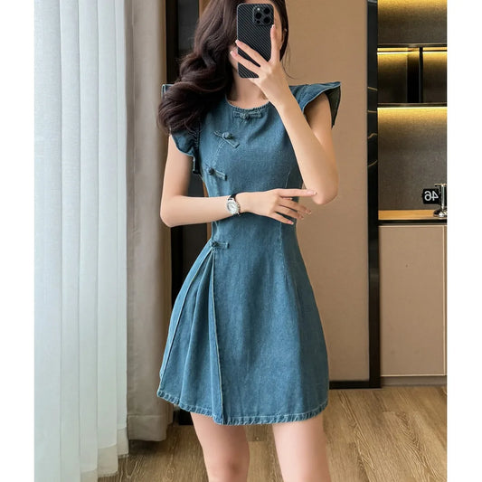 Women's ort Denim Dr A-Line Waist Cinching round Ne Button Sle High Waist Slimming Spring Summer Cotton Blend