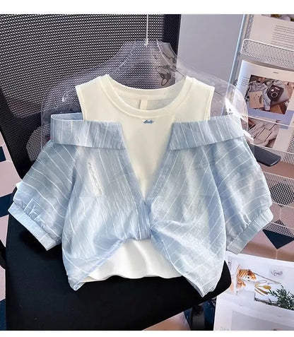 Girls' Western style loose fitting shirt new children's off shoulder top T-shirt fake two-piece top