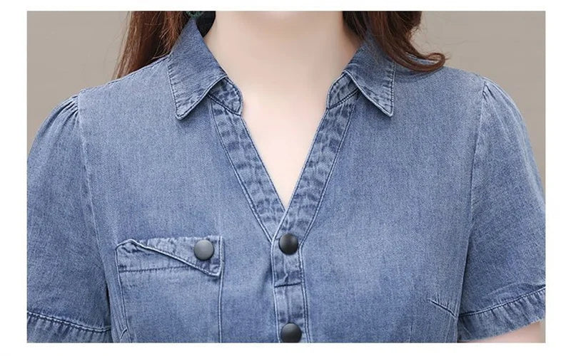 2026 Korean Summer New Denim Dress Women Temperament  Short Sleeved Fashion Slim All-match Casual Dress Female Vestidos