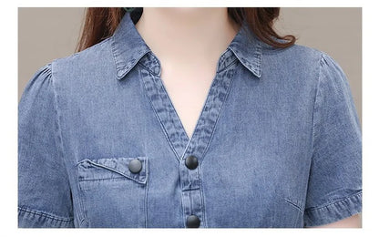 2026 Korean Summer New Denim Dress Women Temperament  Short Sleeved Fashion Slim All-match Casual Dress Female Vestidos