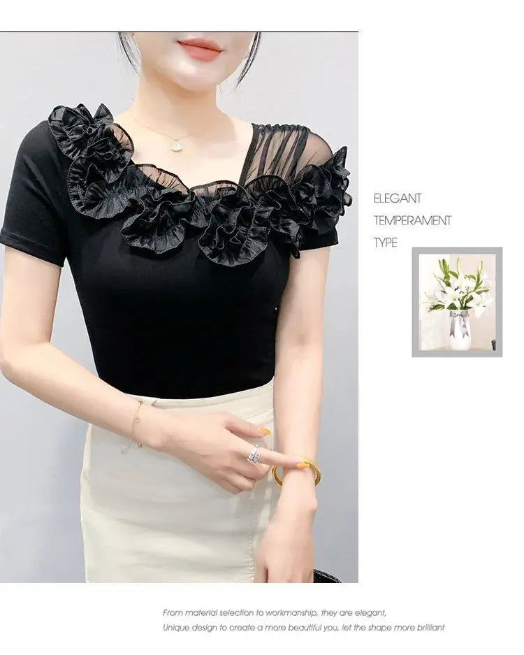 Faionable Floral Lace Ear ort Sve Slimming Me oulder Bared T-Shirt Women's Casual Sle Polyester Fabric Tee irt
