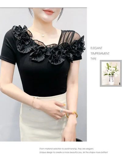 Faionable Floral Lace Ear ort Sve Slimming Me oulder Bared T-Shirt Women's Casual Sle Polyester Fabric Tee irt