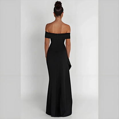 Elegant Evening Dress Pure Color Off-Shoulder Women's Sexy High Waist Side Slit Long Dress Formal Mcxi Women's Party Evening Dress