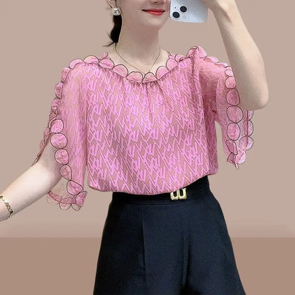 Elegant O-Neck Printed Folds Ruffles Flare Sleeve Blouses Women's Clothing 2024 Summer New Loose Korean Tops Office Lady Shirts