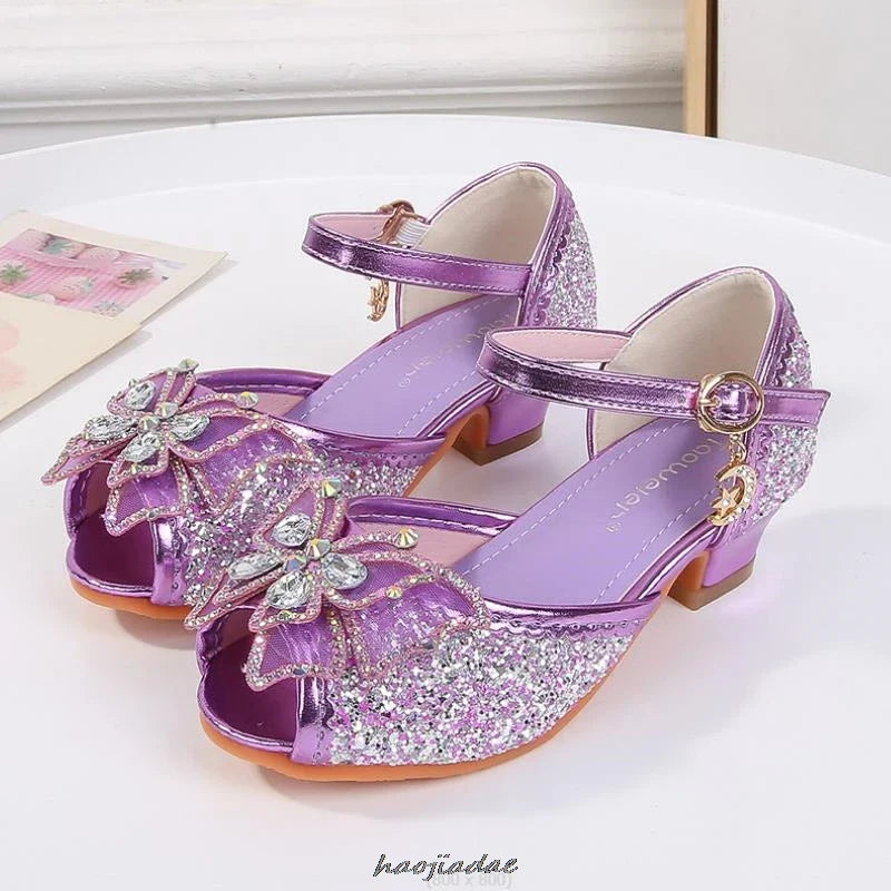 Summer High Heels Shoes for Girls Pageant Kids Sandals Child Mary Jane Shiny Princess Party Dress Up Shoes Purple Gold Pink Blue