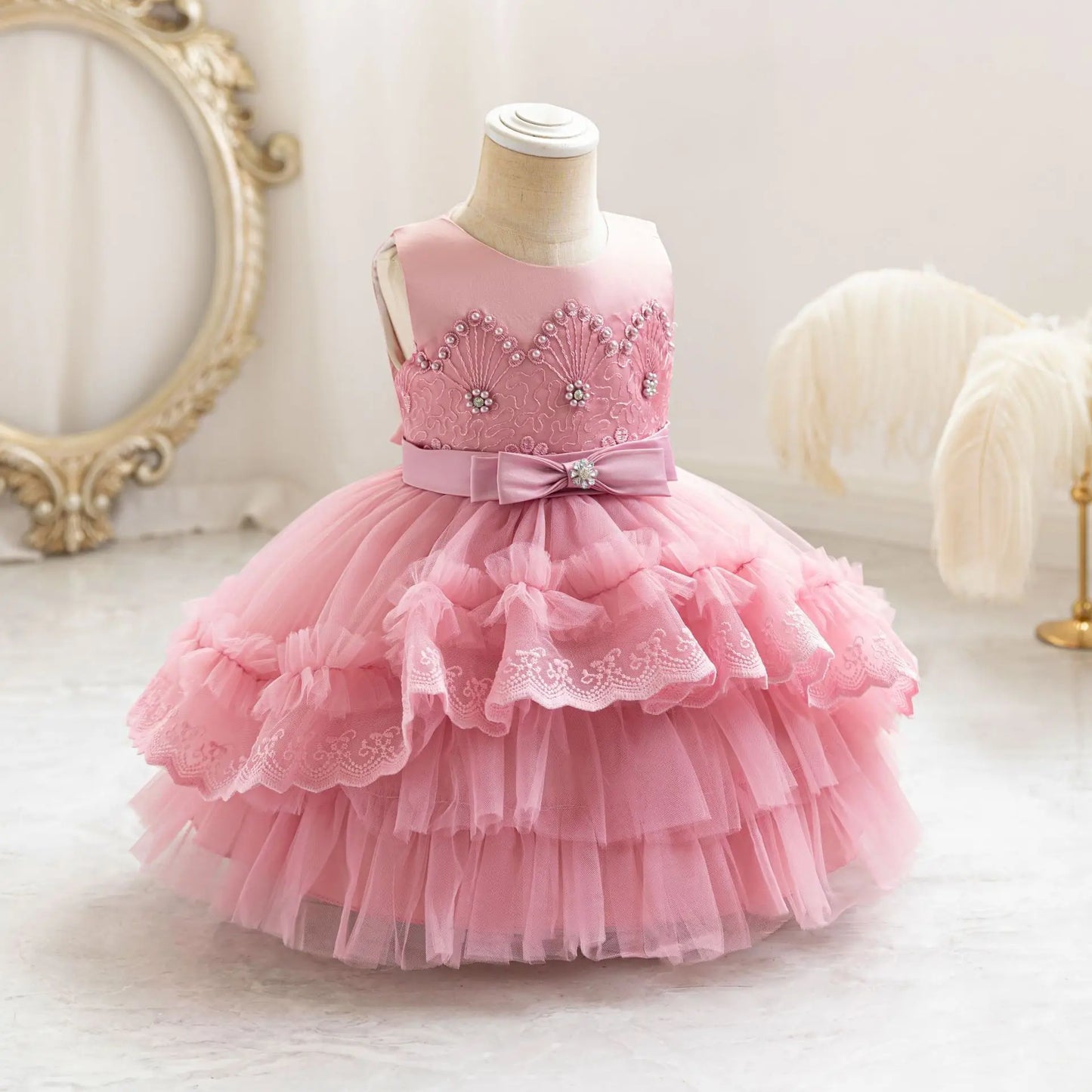 Party Dresses For Girl Formal Prom Wedding Dress Beaded Embroidery Mesh Princess Dress For Infant Baby 1st Birthday Baptism Gown