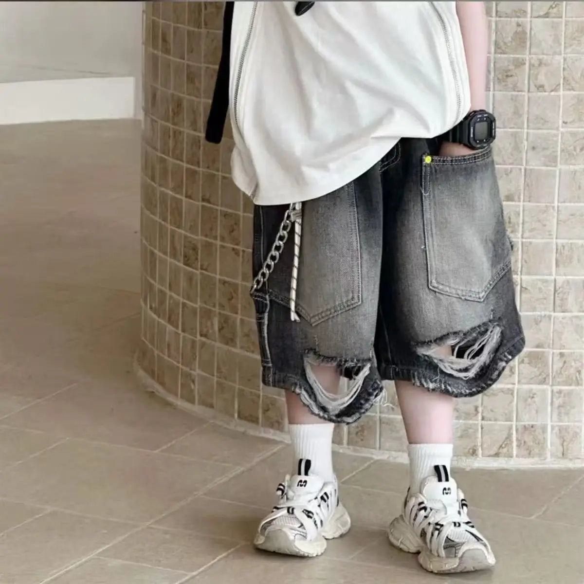 Boy Handsome Korean Version Sleeveless Vest + Retro Ripped Denim Shorts Two-piece Set Children's Casual Loose Set