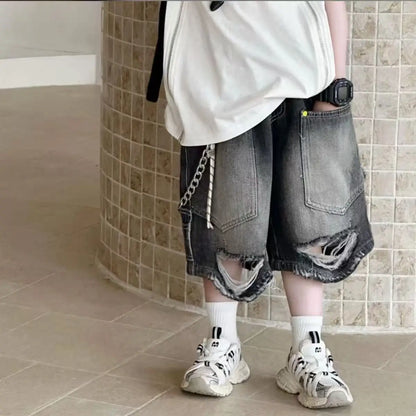 Boy Handsome Korean Version Sleeveless Vest + Retro Ripped Denim Shorts Two-piece Set Children's Casual Loose Set