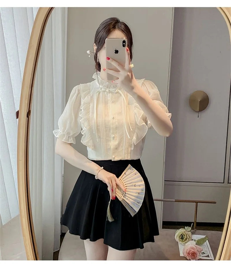 New Chinese Button French Ruffled Lace Gentle Chiffon Shirt 2025 Summer Fashion Temperament New Design Small Shirt Stylish Top