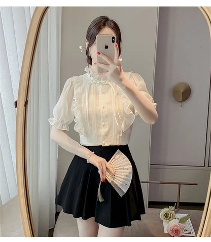New Chinese Button French Ruffled Lace Gentle Chiffon Shirt 2025 Summer Fashion Temperament New Design Small Shirt Stylish Top