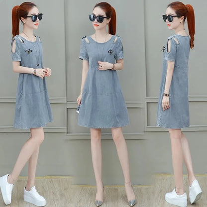 Short sleeved Denim Dress Summer Women's 2024 New College style Fashion Student Loose Dress With pockets Casual Clothing