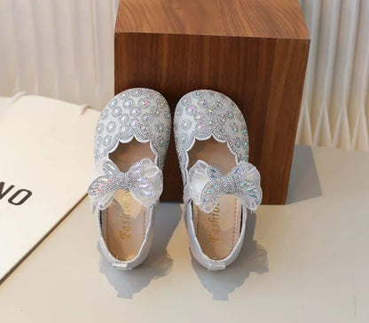 Girls Crystal Princess Footwear Comfortable Flat Sole Leather Shoes for Kids Glittering Rhinestone Design