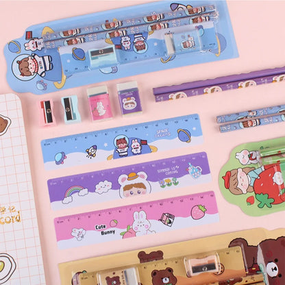 5Pcs Cute Cartoon Stationery Set Pencil Ruler Eraser Pencil Sharpener Kawaii Children School Scrapbook Supplies Set For Gifts