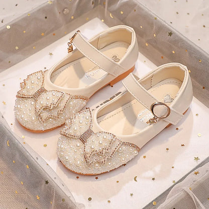 Fashion Girl Glitter Shoes Kids Flat Shoes Sequins Rhinestone Pearl Princess Bowknot Leather Shoes for Student Performance Party