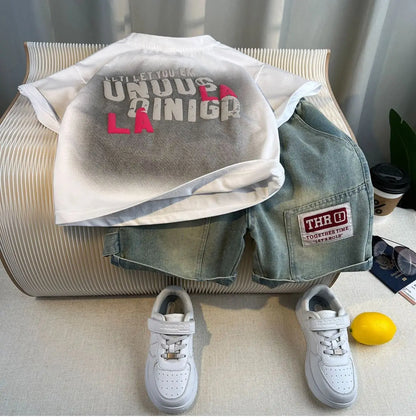 New Boys Fashion Summer Cotton Letter Printing T-shirts+Graffiti Denim Shorts 2pcs Set Kids Korean Outfits Sets Children Clothes