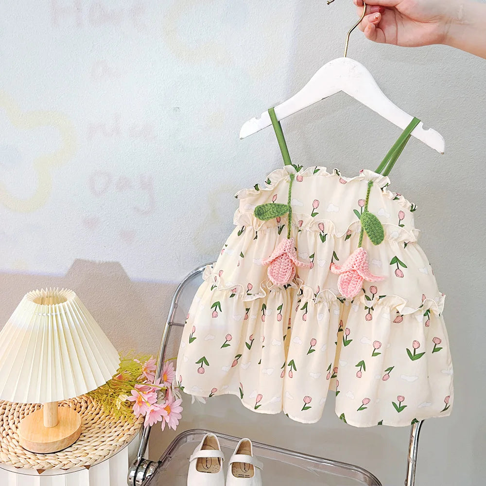 Baby Girl Summer Dress Sweet Floral Pattern Halter Dress Korean Version of The Lovely Baby Girl Princess Dresses