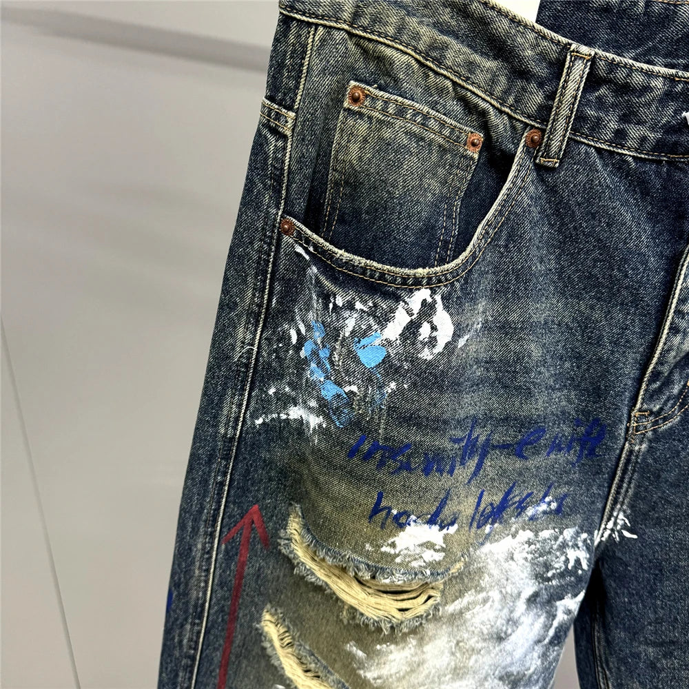 High End Men'S Clothing Hip Hop Graffiti Baggy Jeans For Men Streetwear Skateboard Ripped Jeans Korean Trendy Denim Trousers  ( Available )