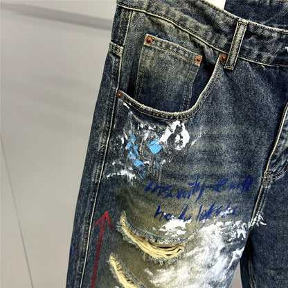 High End Men'S Clothing Hip Hop Graffiti Baggy Jeans For Men Streetwear Skateboard Ripped Jeans Korean Trendy Denim Trousers  ( Available )