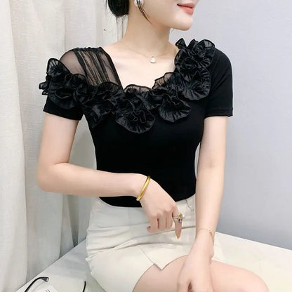 Faionable Floral Lace Ear ort Sve Slimming Me oulder Bared T-Shirt Women's Casual Sle Polyester Fabric Tee irt