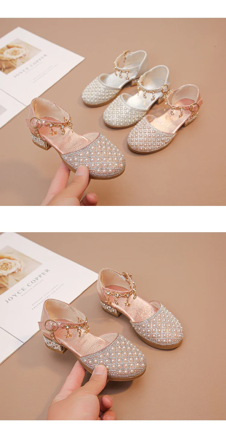 Girls High Heeled Shoes for Wedding Party Glitter Rhinestone Pendants Shiny Glitter Fashion Princess Kids Leather Dress Shoes