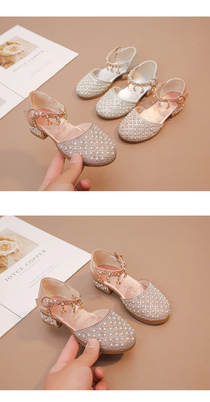 Girls High Heeled Shoes for Wedding Party Glitter Rhinestone Pendants Shiny Glitter Fashion Princess Kids Leather Dress Shoes