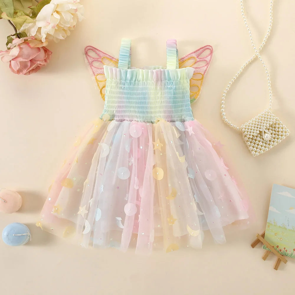 Girls' Dress Summer New Halter Colorful Butterfly Pearl Sequins Sweet Princess Dress Birthday Party Dress