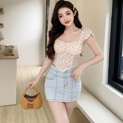 Summer New Pure Desire Sweet Floral Print off oulder Crop Top Slimming  with Chest Pad Versatile Women's Vest